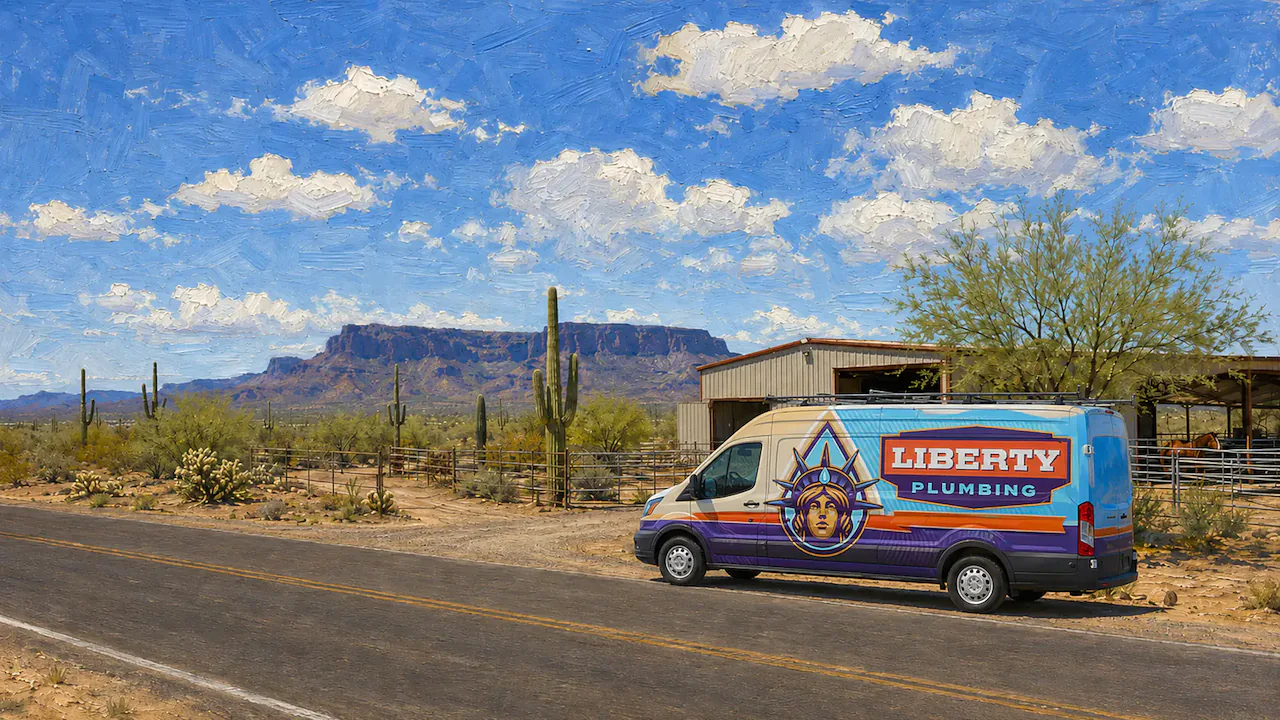Painting of a north Phoenix, Arizona street with a Liberty Plumbing van parked at the curb