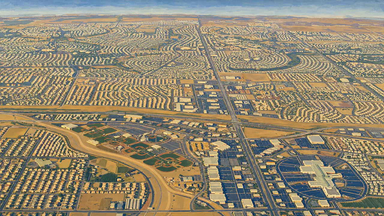 Painted aerial of the circular streets of Sun City, Arizona