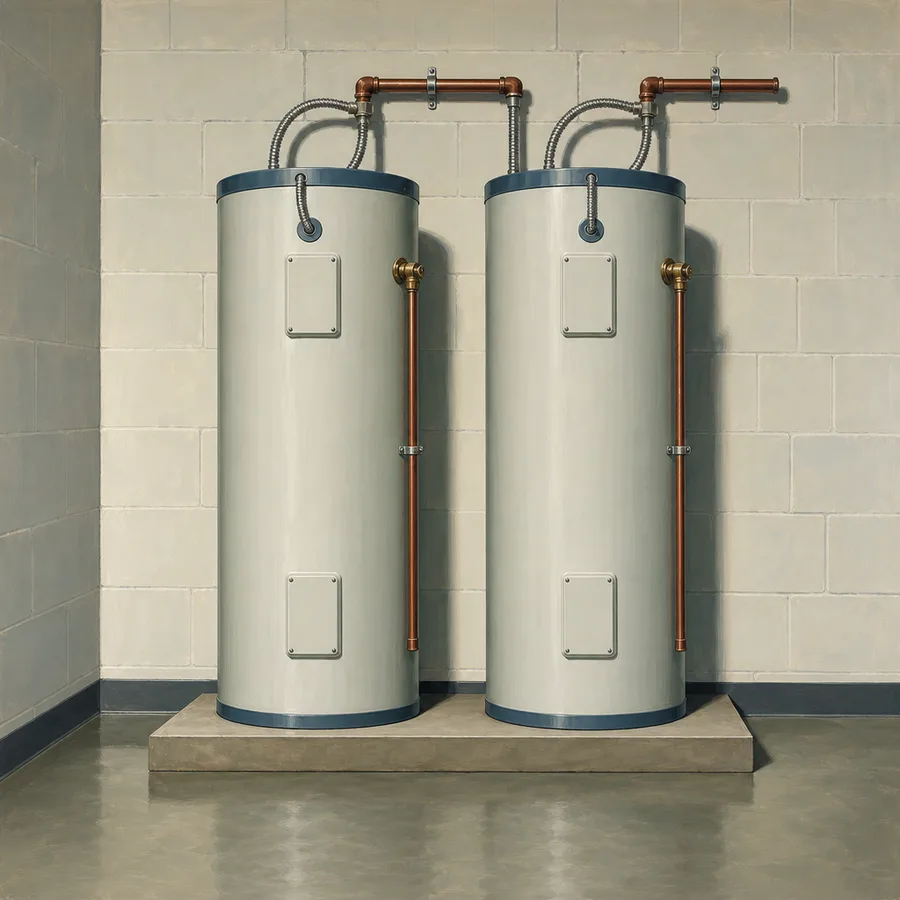 Painted illustration of two commercial electric water heaters in a mechanical room