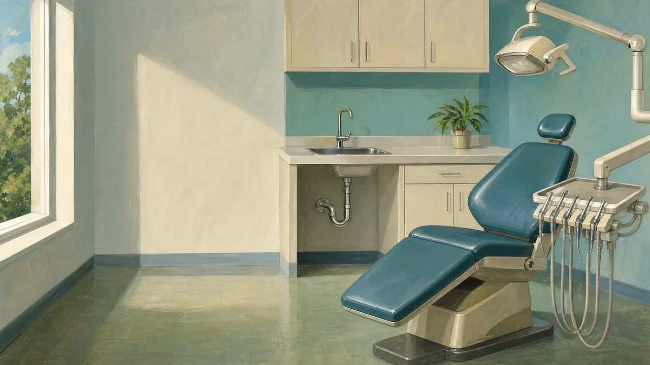 Painted illustration of a dental treatment room with the chair, delivery arm and sink plumbing