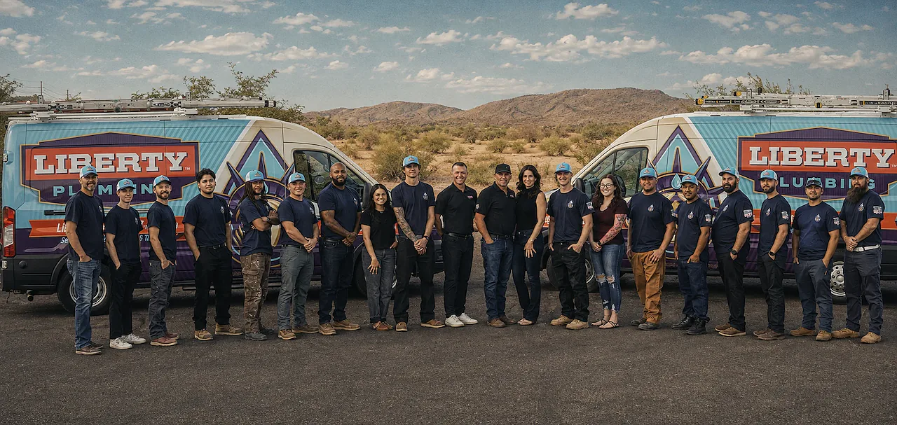 The Liberty Plumbing crew standing in front of two company vans in the Arizona desert