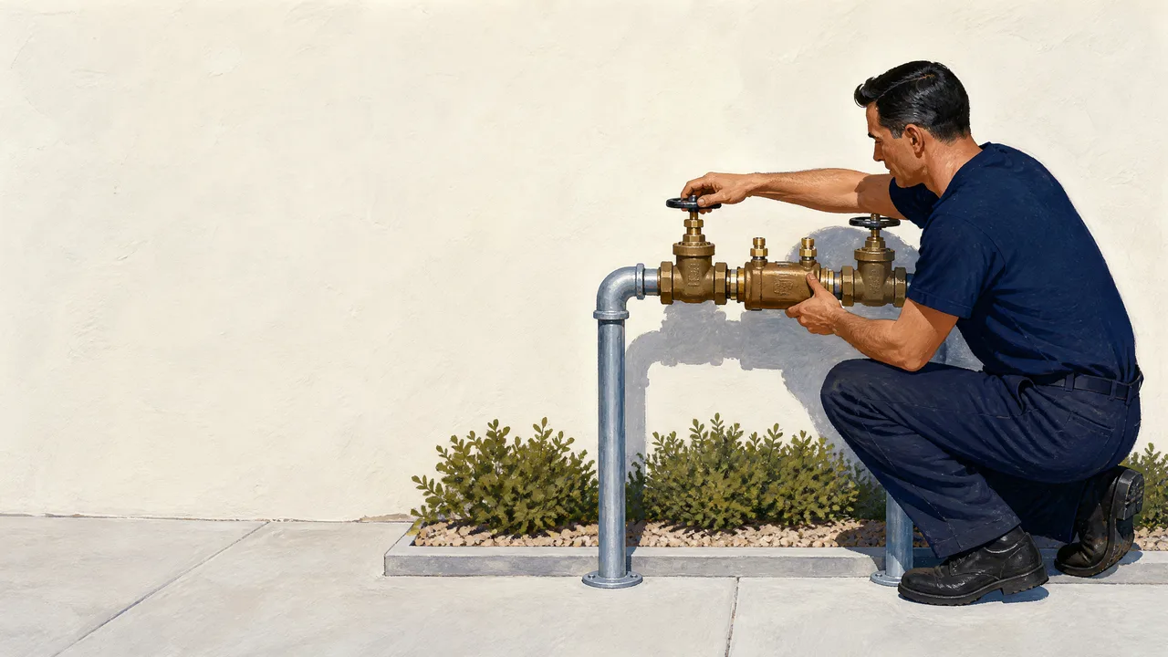 Painted illustration of a plumber testing a backflow prevention assembly on a commercial building wall