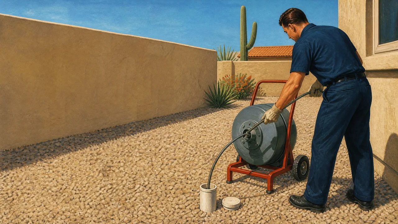 Painted illustration of a plumber running a drain cable into a ground-level sewer cleanout