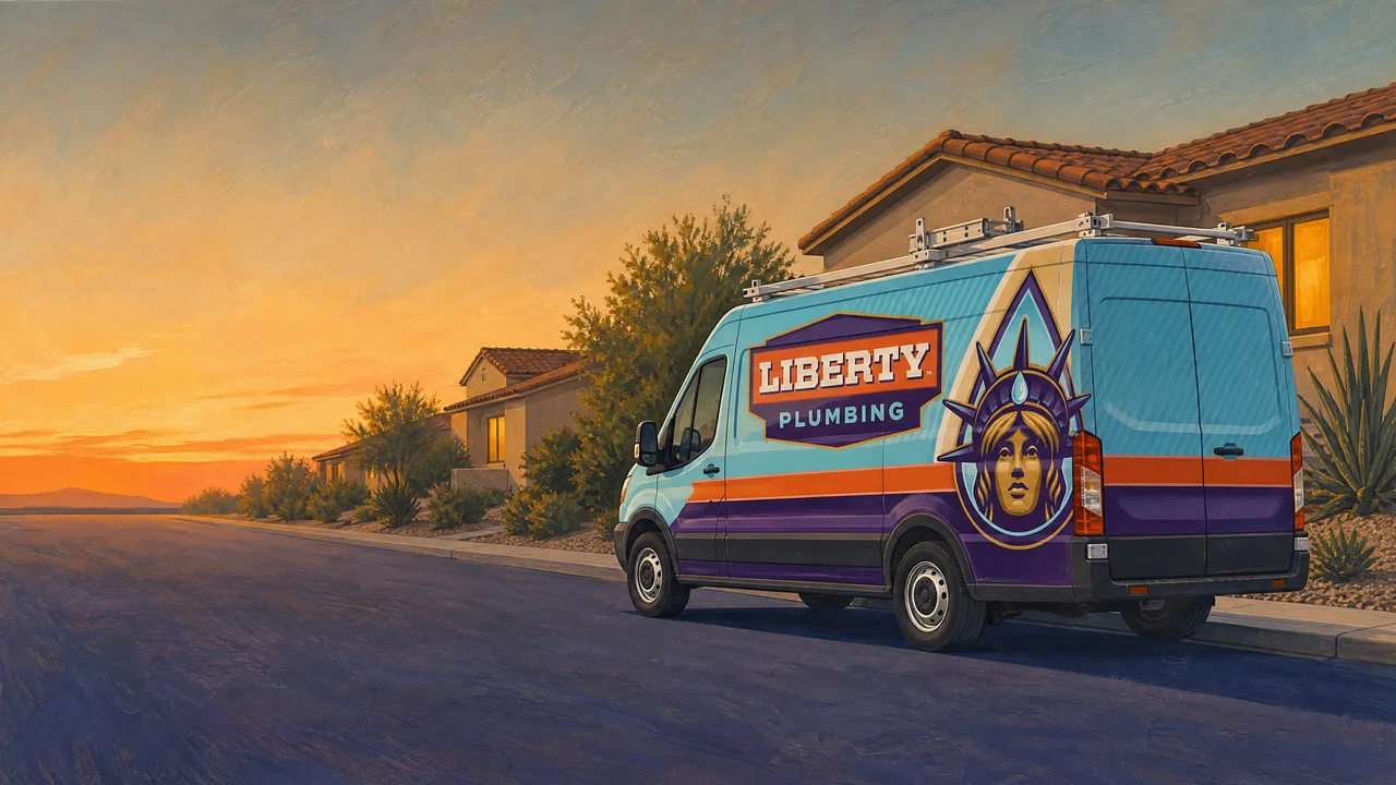 Painted illustration of a Liberty Plumbing van parked at the curb on an Arizona street at dusk