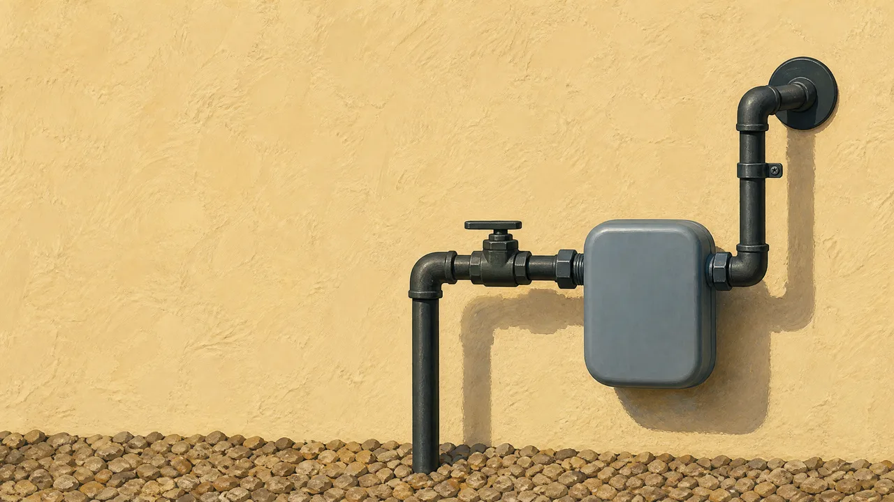 Painted illustration of a residential gas meter and black iron riser on an Arizona stucco wall