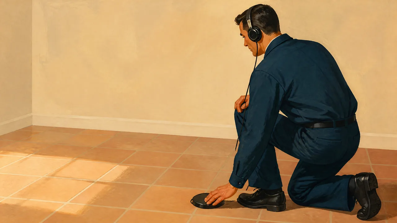 Painted illustration of a plumber listening for a hidden leak with acoustic equipment on a tiled floor