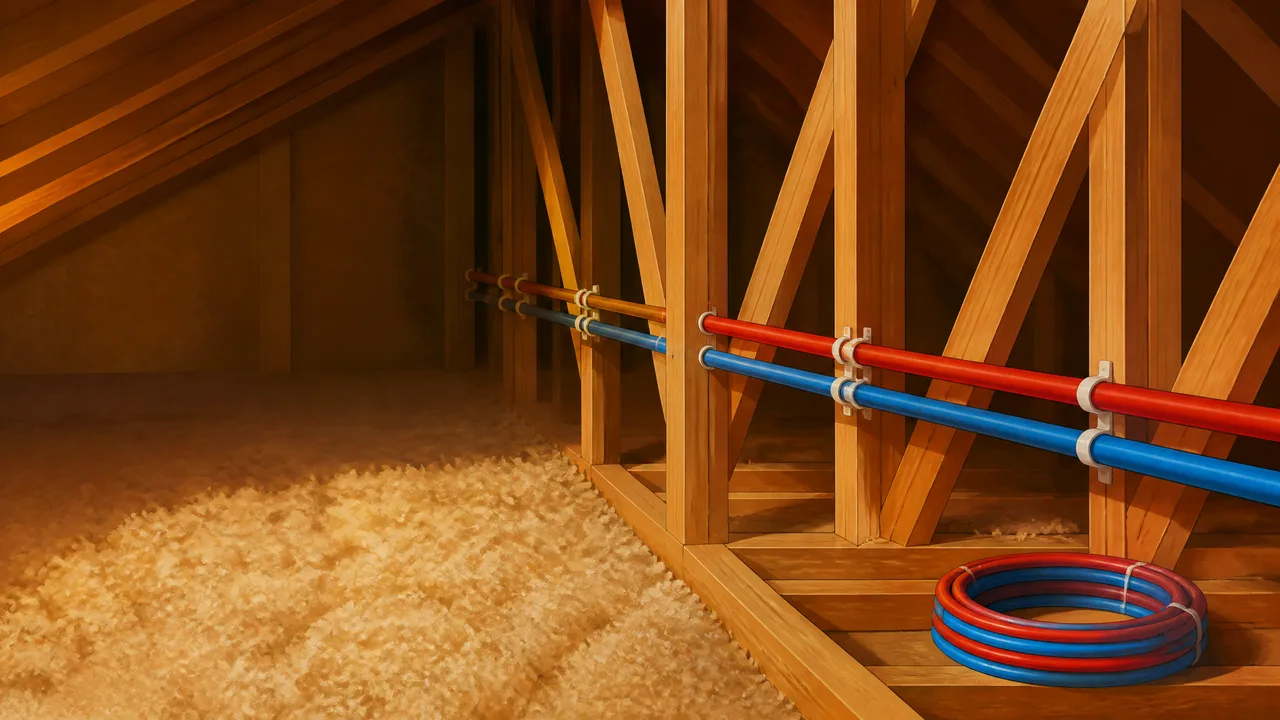 Painted illustration of new red and blue PEX water lines clipped along attic trusses