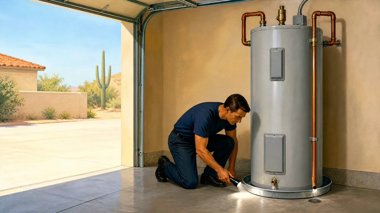 Painted illustration of a plumber checking an electric water heater in an Arizona garage