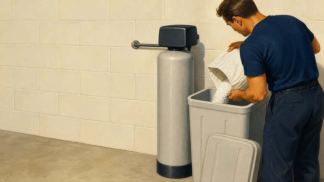 Painted illustration of a water softener and brine tank against an Arizona garage wall
